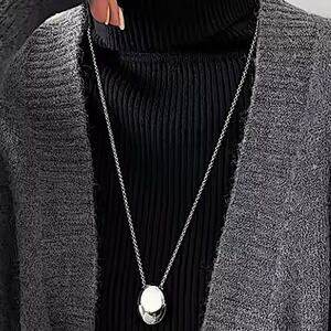 Silver Minimalist Long Oval Sweater Necklace  Stainless Steel Pendant Waterproof